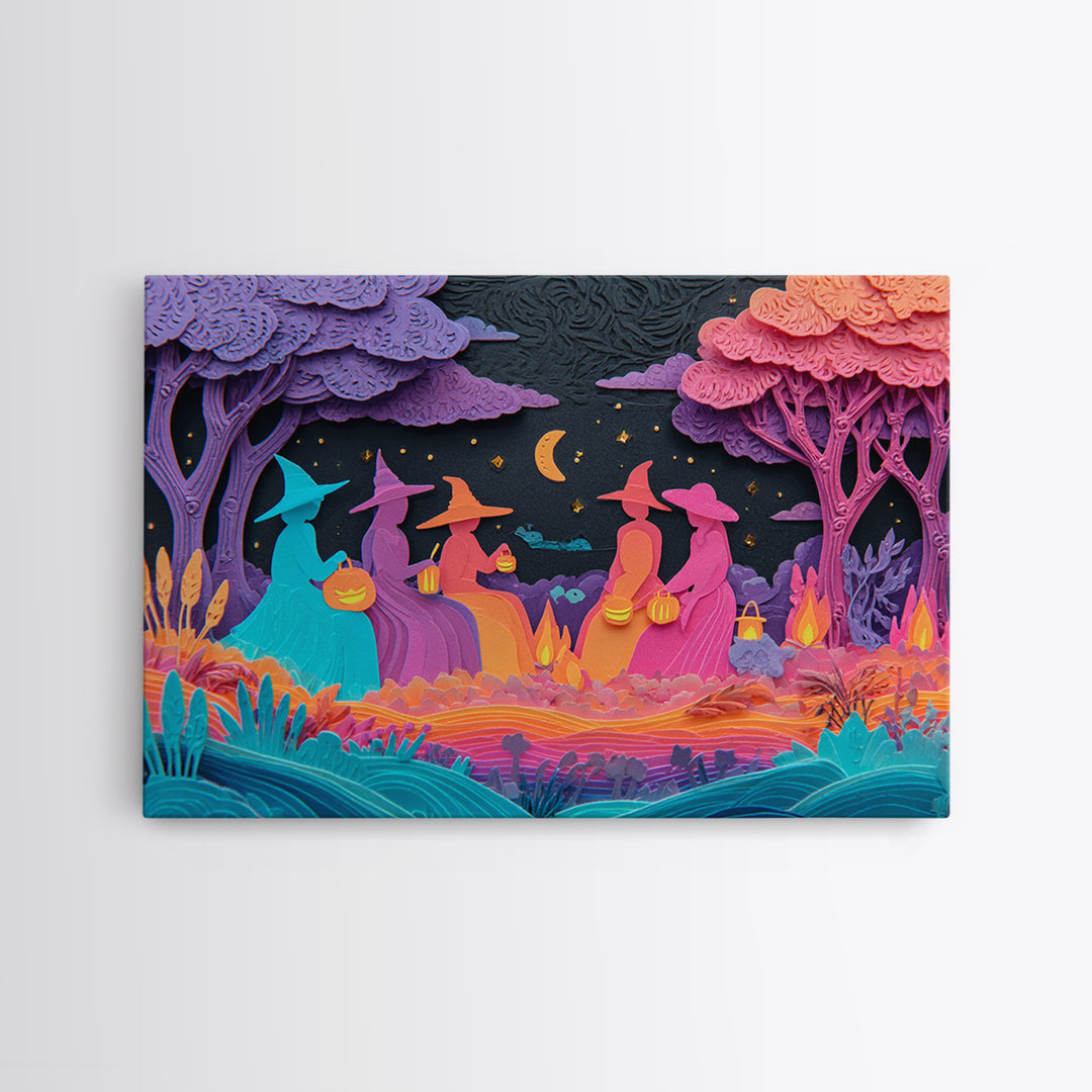 The Smiling Moon Meadow, Retro Neon Halloween Art, Landscape Wall Art, Framed Canvas Print, Retro Halloween Decor, Neon Wall Art