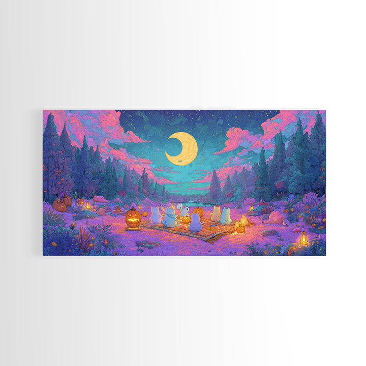 The Smiling Moon Meadow, Vaporwave Halloween Decor, Wide Panoramic Art, Canvas Print, Retro Halloween Decor, Neon Wall Art