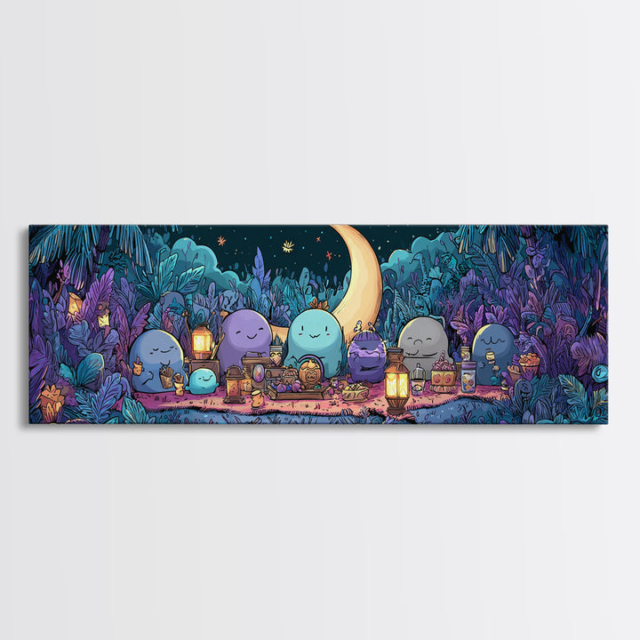 The Smiling Moon Meadow, Synthwave Halloween Art, Extra Wide Wall Art, Framed Canvas Print, Retro Halloween Decor, Neon Wall Art