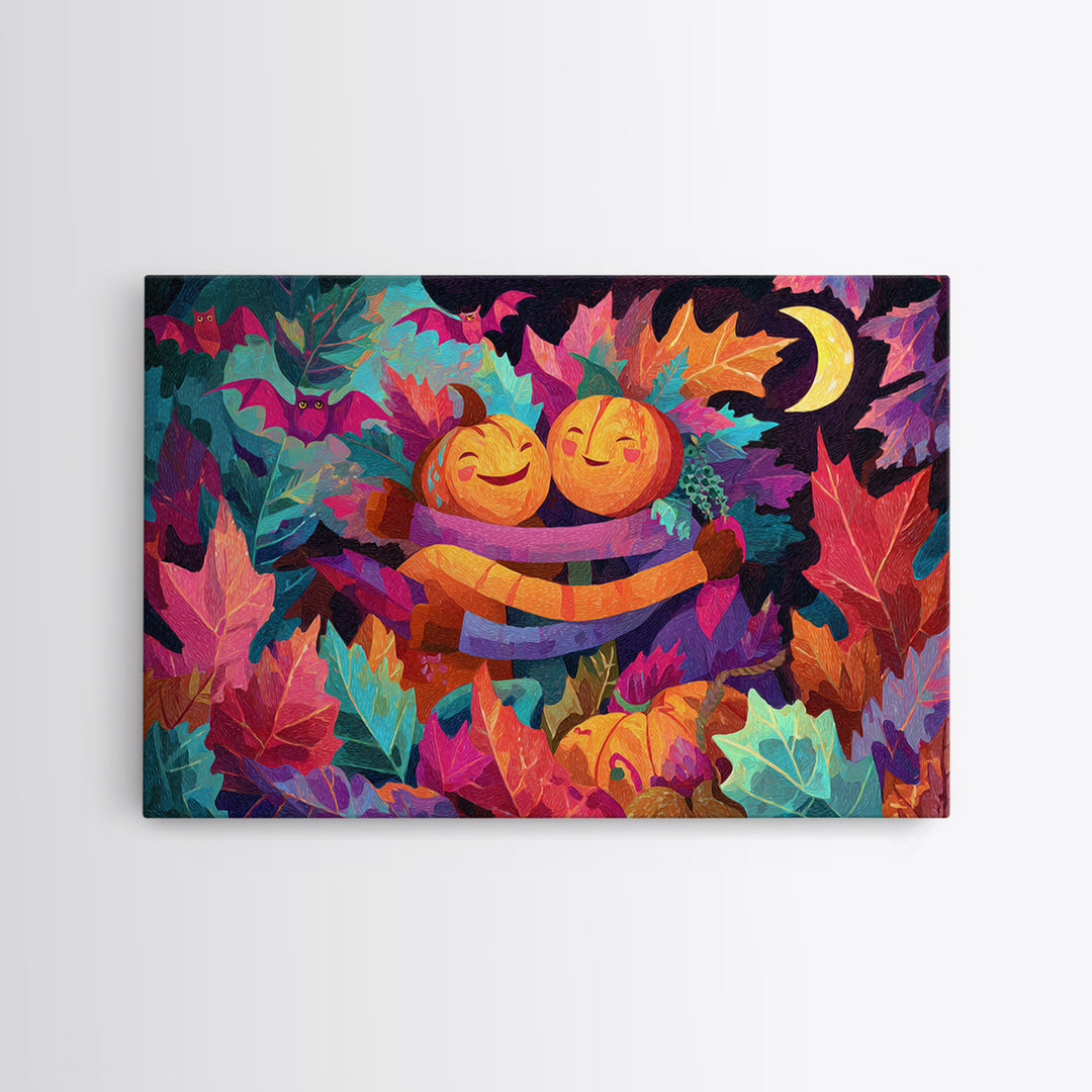 The Dancing Autumn Leaves, Synthwave Halloween Art, Landscape Wall Art, Canvas Print, Retro Halloween Decor, Neon Wall Art