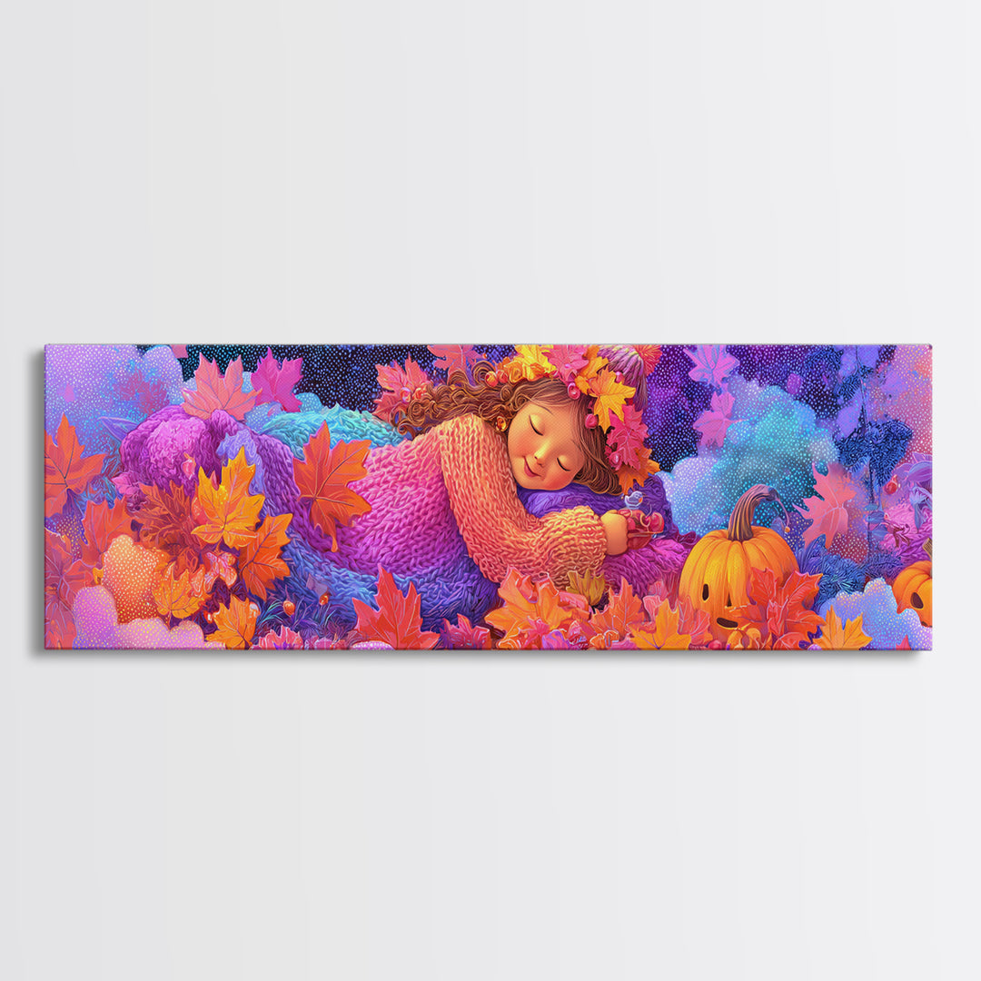 The Dancing Autumn Leaves, 80s Halloween Wall Art, Extra Wide Wall Art, Canvas Print, Retro Halloween Decor, Neon Wall Art