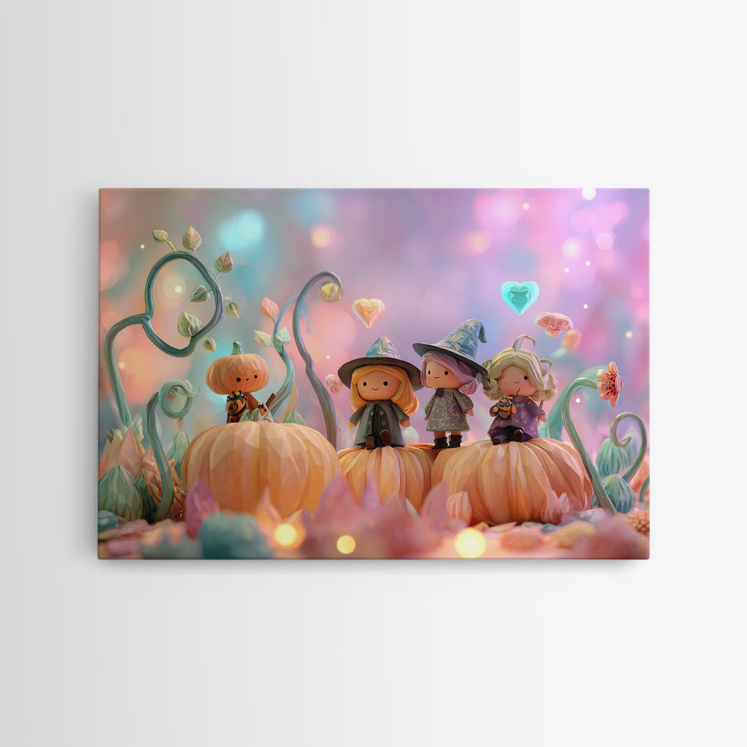 The Pumpkin Flower Garden, Cute Spooky Neon Art, Landscape Wall Art, Canvas Print, Retro Halloween Decor, Neon Wall Art, Horror Wall Art