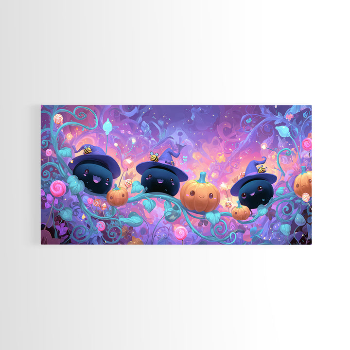 The Pumpkin Flower Garden, Cute Spooky Neon Art, Wide Panoramic Art, Canvas Print, Retro Halloween Decor, Neon Wall Art, Gothic Home Decor