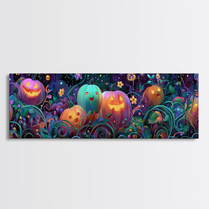The Pumpkin Flower Garden, 80s Halloween Wall Art, Extra Wide Wall Art, Canvas Print, Retro Halloween Decor, Neon Wall Art