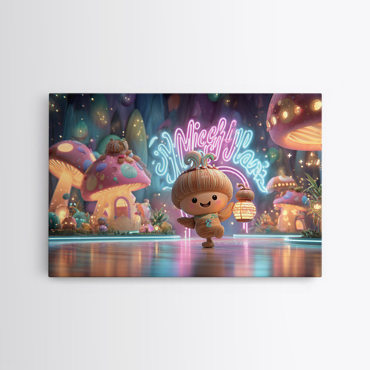 The Moonlit Acorn Village, Vaporwave Halloween Decor, Landscape Wall Art, Framed Canvas Print, Retro Halloween Decor, Neon Wall Art