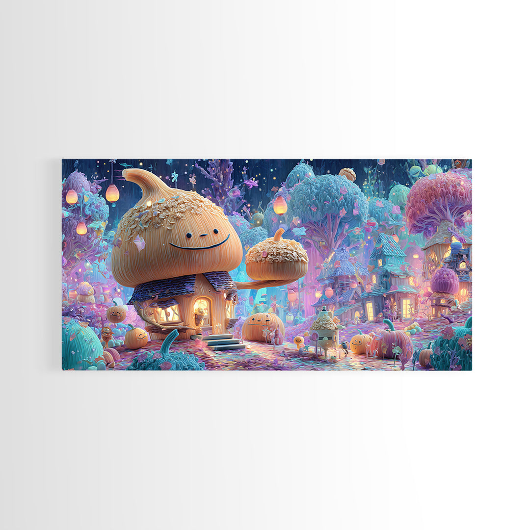 The Moonlit Acorn Village, Retro Neon Halloween Art, Wide Panoramic Art, Canvas Print, Retro Halloween Decor, Neon Wall Art