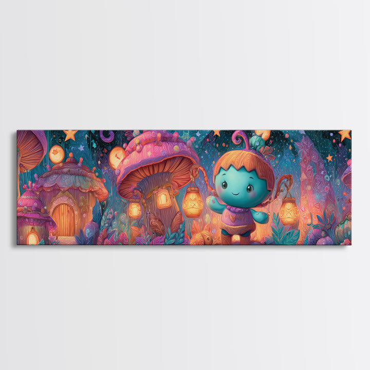The Moonlit Acorn Village, 80s Halloween Wall Art, Extra Wide Wall Art, Canvas Print, Retro Halloween Decor, Neon Wall Art