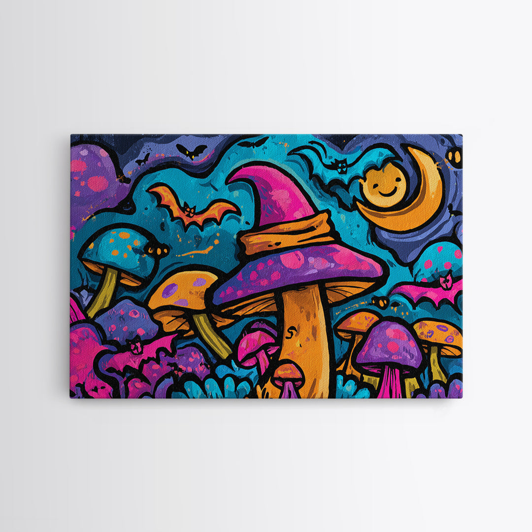 The Friendly Mushroom Forest, Vaporwave Halloween Decor, Landscape Wall Art, Framed Canvas Print, Retro Halloween Decor, Neon Wall Art