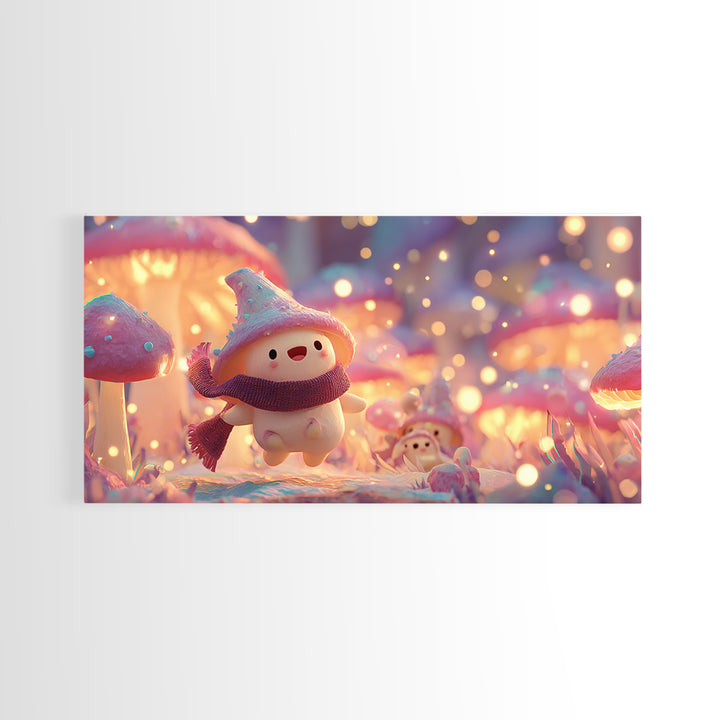 The Friendly Mushroom Forest, Vaporwave Halloween Decor, Wide Panoramic Art, Framed Canvas Print, Retro Halloween Decor, Neon Wall Art