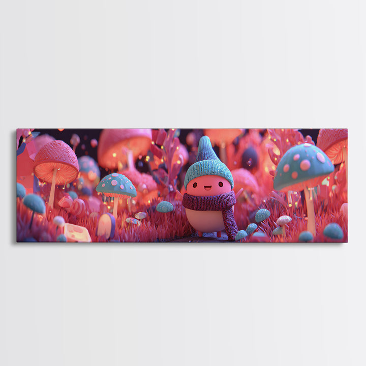 The Friendly Mushroom Forest, Retro Neon Halloween Art, Extra Wide Wall Art, Framed Canvas Print, Retro Halloween Decor, Neon Wall Art