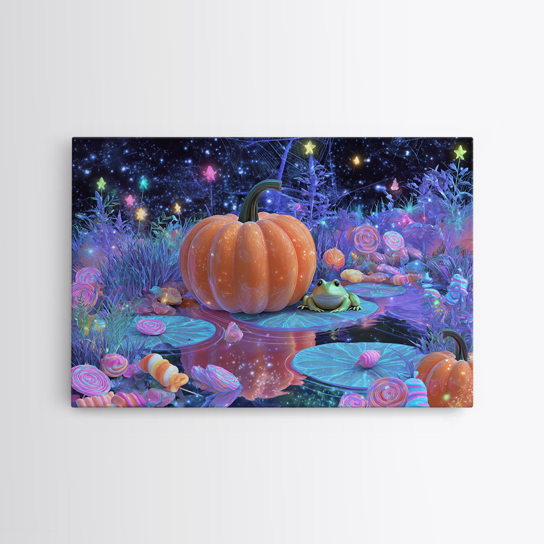 The Star-Filled Pumpkin Pond, Vaporwave Halloween Decor, Landscape Wall Art, Framed Canvas Print, Retro Halloween Decor, Neon Wall Art