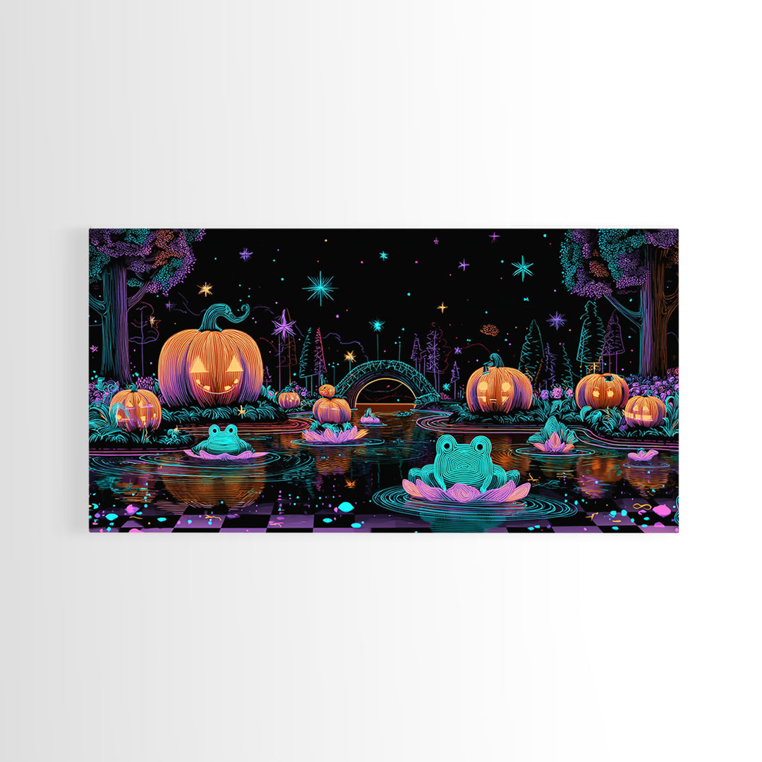 The Star-Filled Pumpkin Pond, Retro Neon Halloween Art, Wide Panoramic Art, Framed Canvas Print, Retro Halloween Decor, Neon Wall Art