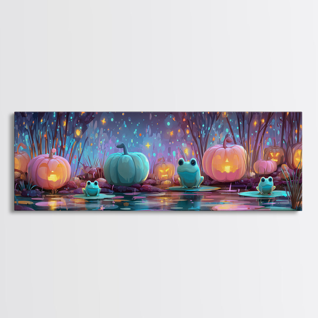 The Star-Filled Pumpkin Pond, Retro Neon Halloween Art, Extra Wide Wall Art, Canvas Print, Retro Halloween Decor, Neon Wall Art