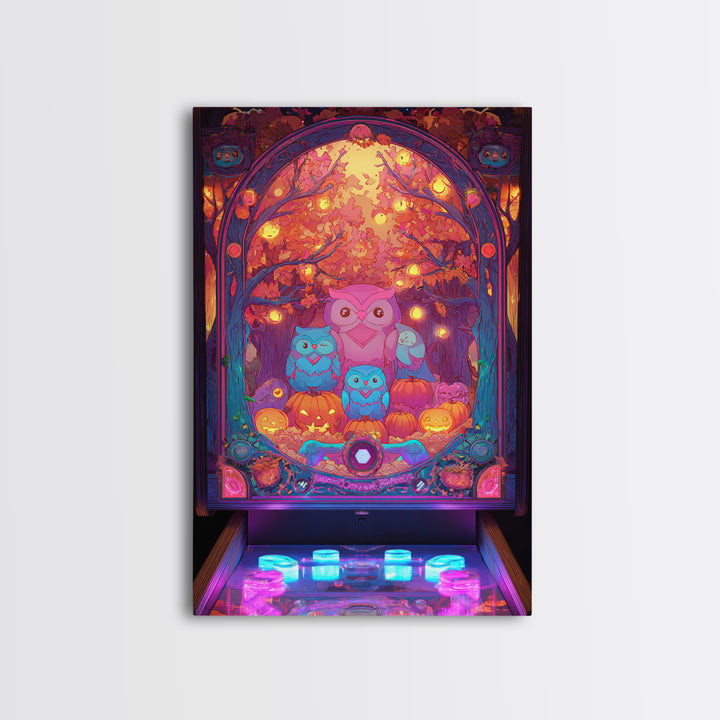 The Sleepy Owl Orchard, Cute Spooky Neon Art, Vertical Wall Art, Framed Canvas Print, Retro Halloween Decor, Neon Wall Art