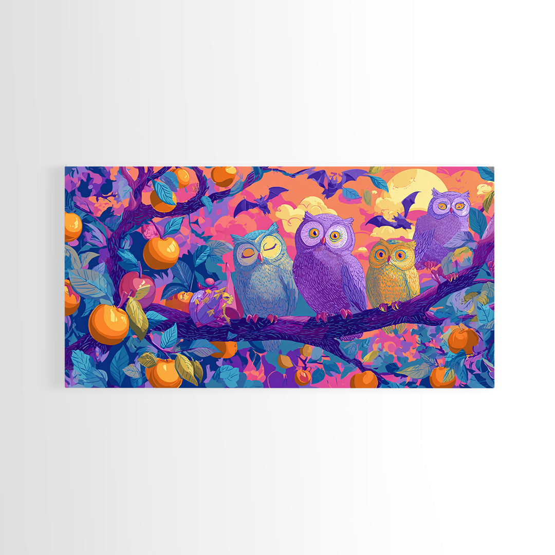The Sleepy Owl Orchard, Retro Neon Halloween Art, Wide Panoramic Art, Framed Canvas Print, Retro Halloween Decor, Neon Wall Art