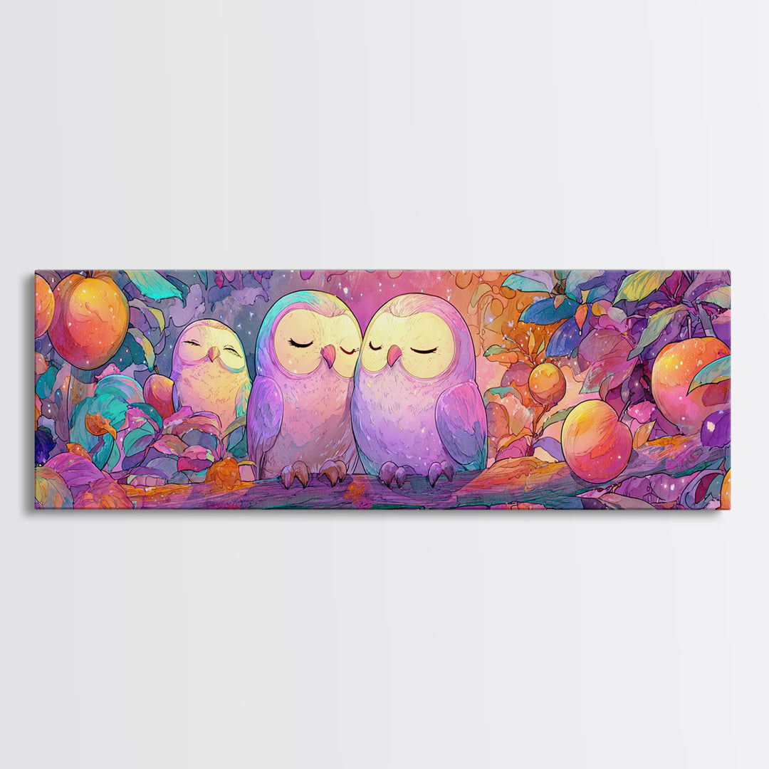 The Sleepy Owl Orchard, Cute Spooky Neon Art, Extra Wide Wall Art, Framed Canvas Print, Retro Halloween Decor, Neon Wall Art