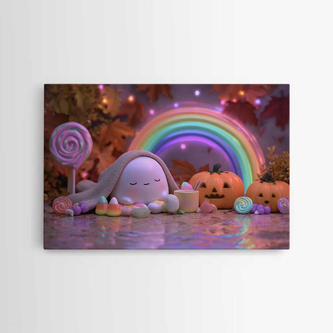 The Rainbow After The Halloween Rain, Synthwave Halloween Art, Landscape Wall Art, Framed Canvas Print, Retro Halloween Decor, Neon Wall Art