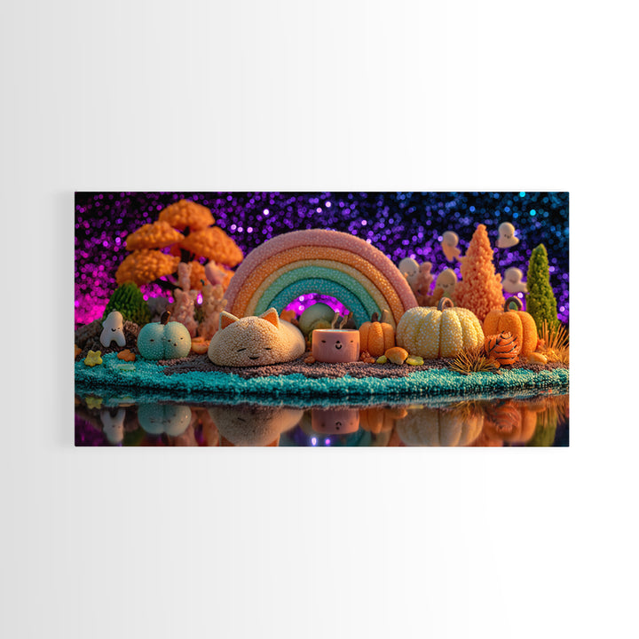 The Rainbow After The Halloween Rain, 80s Halloween Wall Art, Wide Panoramic Art, Framed Canvas Print, Retro Halloween Decor, Neon Wall Art