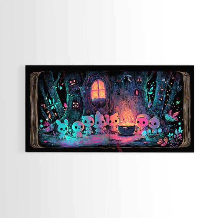 The Cozy Hollow Tree, Retro Neon Halloween Art, Wide Panoramic Art, Canvas Print, Retro Halloween Decor, Neon Wall Art, Statement Wall Art