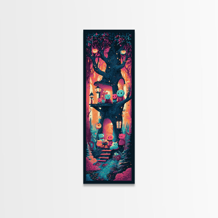 The Cozy Hollow Tree, Retro Neon Halloween Art, Tall Narrow Wall Art, Canvas Print, Retro Halloween Decor, Neon Wall Art, Statement Wall Art