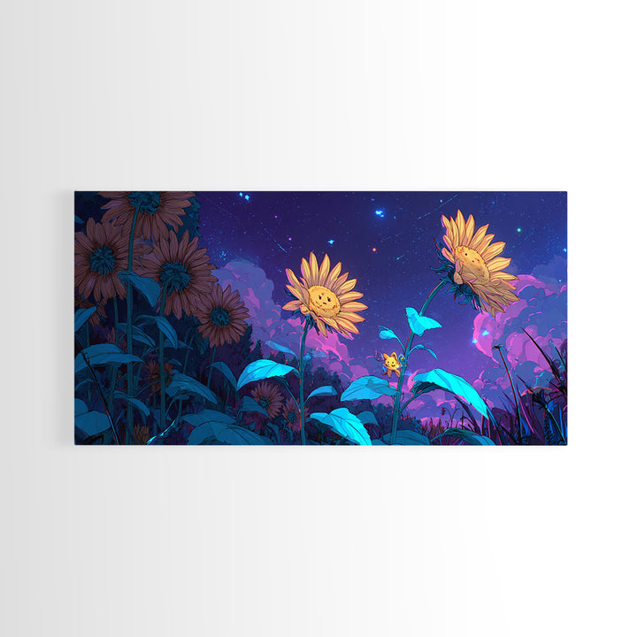 The Singing Sunflowers At Midnight, Synthwave Halloween Art, Wide Panoramic Art, Canvas Print, Retro Halloween Decor, Neon Wall Art