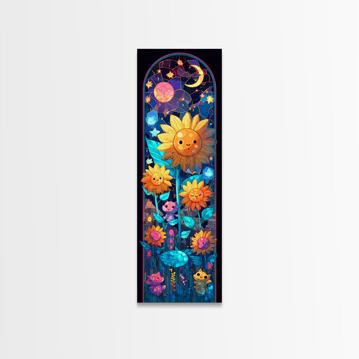 The Singing Sunflowers At Midnight, Retro Neon Halloween Art, Tall Narrow Wall Art, Framed Canvas Print, Retro Halloween Decor