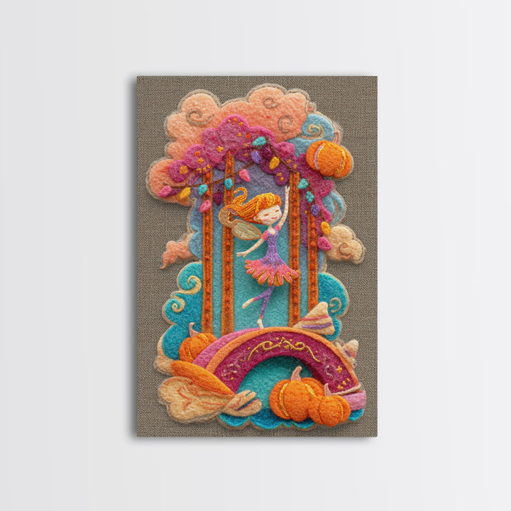 The Autumn Fairy Bridge, Cute Spooky Neon Art, Vertical Wall Art, Canvas Print, Retro Halloween Decor, Neon Wall Art, Collectible Wall Decor