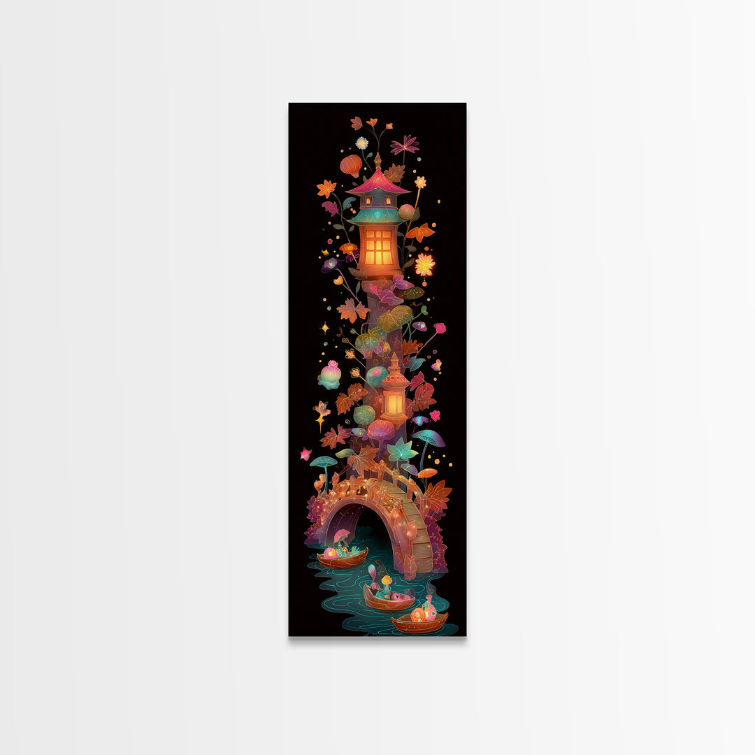 The Autumn Fairy Bridge, Cute Spooky Neon Art, Tall Narrow Wall Art, Canvas Print, Retro Halloween Decor, Neon Wall Art