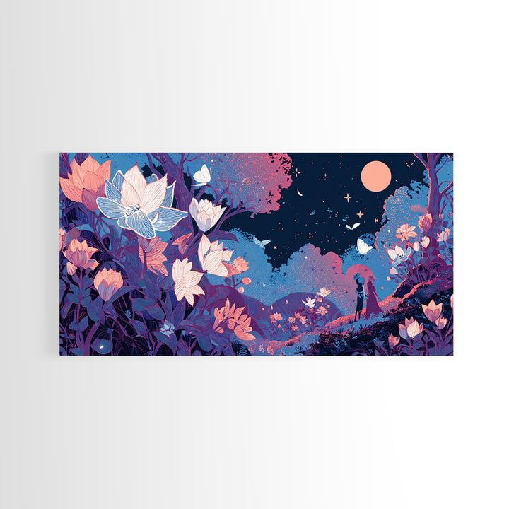 The Moon-Moth Garden, Cute Spooky Neon Art, Wide Panoramic Art, Framed Canvas Print, Retro Halloween Decor, Neon Wall Art, Horror Wall Art