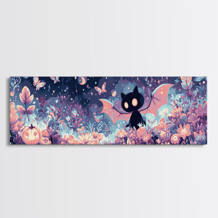 The Moon-Moth Garden, Synthwave Halloween Art, Extra Wide Wall Art, Framed Canvas Print, Retro Halloween Decor, Neon Wall Art