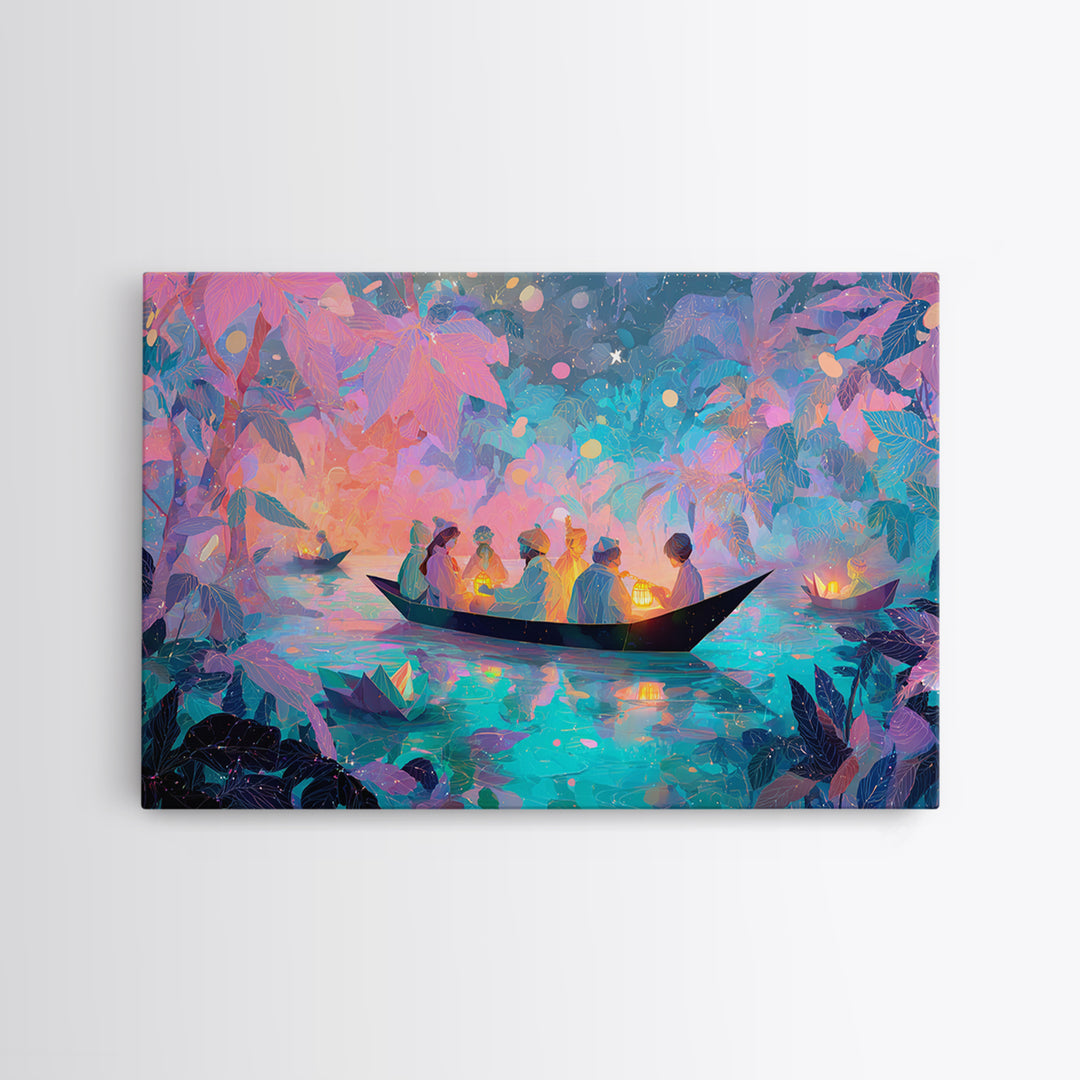 The Golden Leaf River, Cute Spooky Neon Art, Landscape Wall Art, Canvas Print, Retro Halloween Decor, Neon Wall Art, Dark Fantasy Art