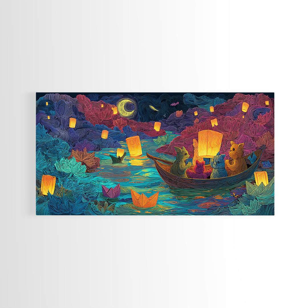The Golden Leaf River, Cute Spooky Neon Art, Wide Panoramic Art, Framed Canvas Print, Retro Halloween Decor, Neon Wall Art