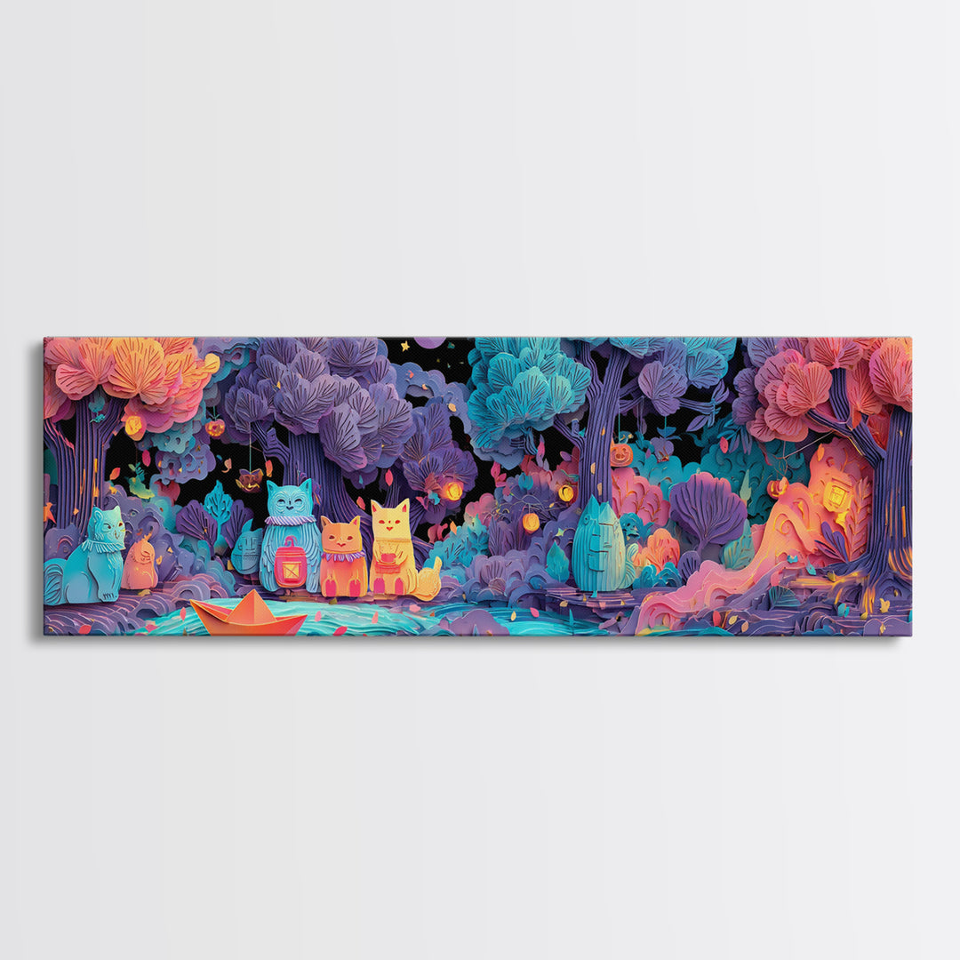 The Golden Leaf River, 80s Halloween Wall Art, Extra Wide Wall Art, Canvas Print, Retro Halloween Decor, Neon Wall Art