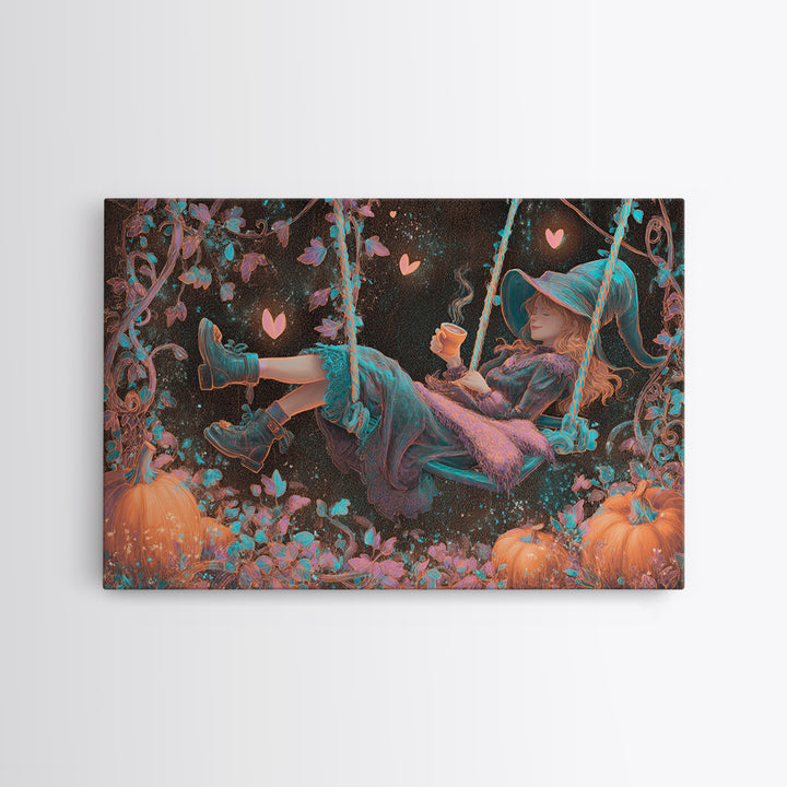 The Pumpkin Vine Swing, Vaporwave Halloween Decor, Landscape Wall Art, Canvas Print, Retro Halloween Decor, Neon Wall Art