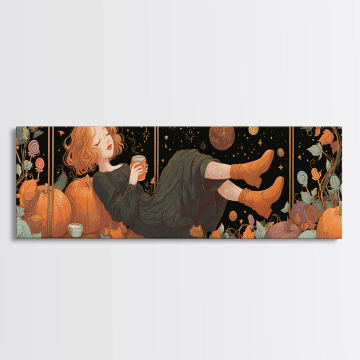 The Pumpkin Vine Swing, 80s Halloween Wall Art, Extra Wide Wall Art, Framed Canvas Print, Retro Halloween Decor, Neon Wall Art