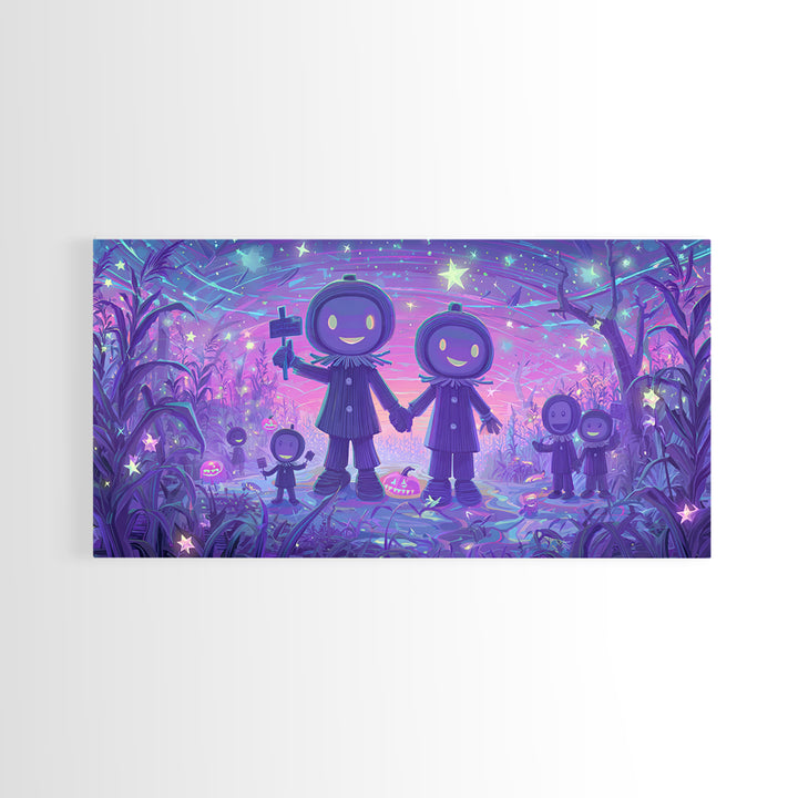 The Starry Cornfield Maze, 80s Halloween Wall Art, Wide Panoramic Art, Framed Canvas Print, Retro Halloween Decor, Neon Wall Art