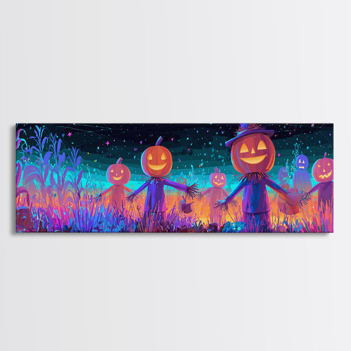The Starry Cornfield Maze, Retro Neon Halloween Art, Extra Wide Wall Art, Canvas Print, Retro Halloween Decor, Neon Wall Art