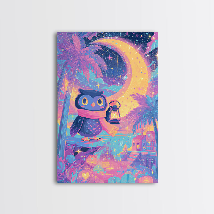 The Owl And The Crescent Moon, Cute Spooky Neon Art, Vertical Wall Art, Canvas Print, Retro Halloween Decor, Neon Wall Art
