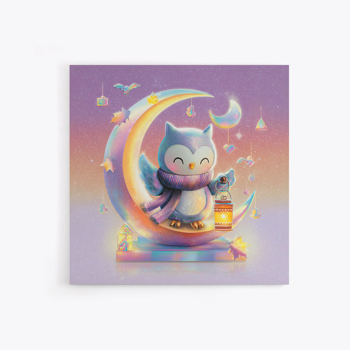 The Owl And The Crescent Moon, Retro Neon Halloween Art, Square Wall Art, Framed Canvas Print, Retro Halloween Decor, Neon Wall Art