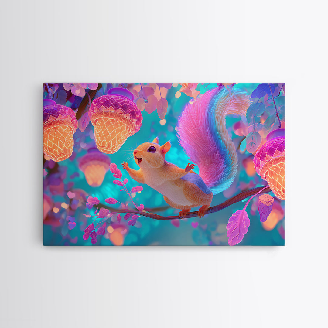 The Acorn Lantern Festival, Cute Spooky Neon Art, Landscape Wall Art, Framed Canvas Print, Retro Halloween Decor, Neon Wall Art
