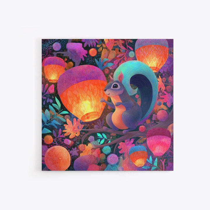 The Acorn Lantern Festival, Cute Spooky Neon Art, Square Wall Art, Framed Canvas Print, Retro Halloween Decor, Neon Wall Art