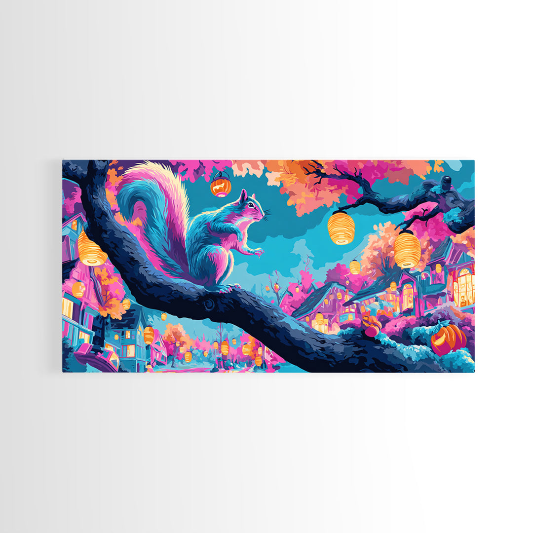 The Acorn Lantern Festival, Synthwave Halloween Art, Wide Panoramic Art, Framed Canvas Print, Retro Halloween Decor, Neon Wall Art
