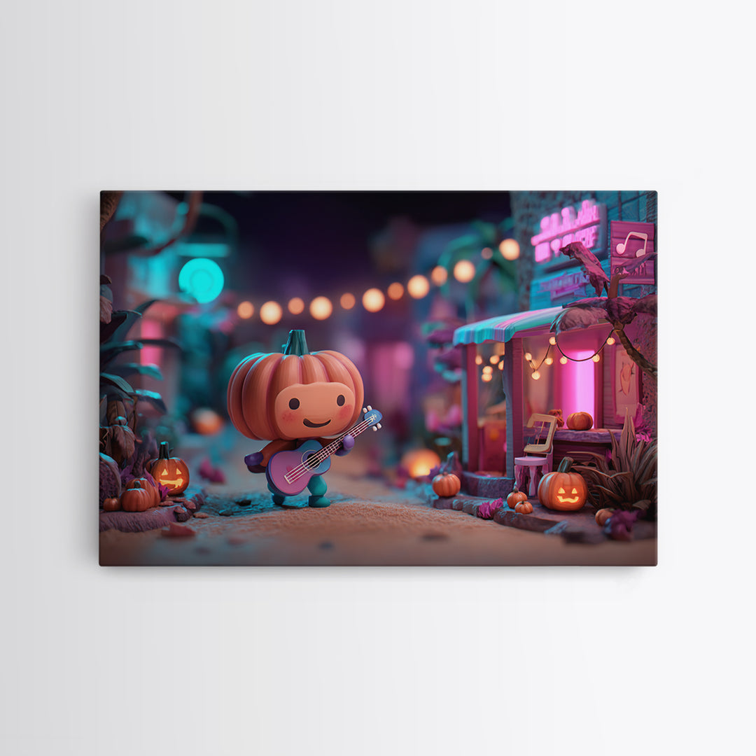 The Singing Pumpkin Patch, Vaporwave Halloween Decor, Landscape Wall Art, Framed Canvas Print, Retro Halloween Decor, Neon Wall Art