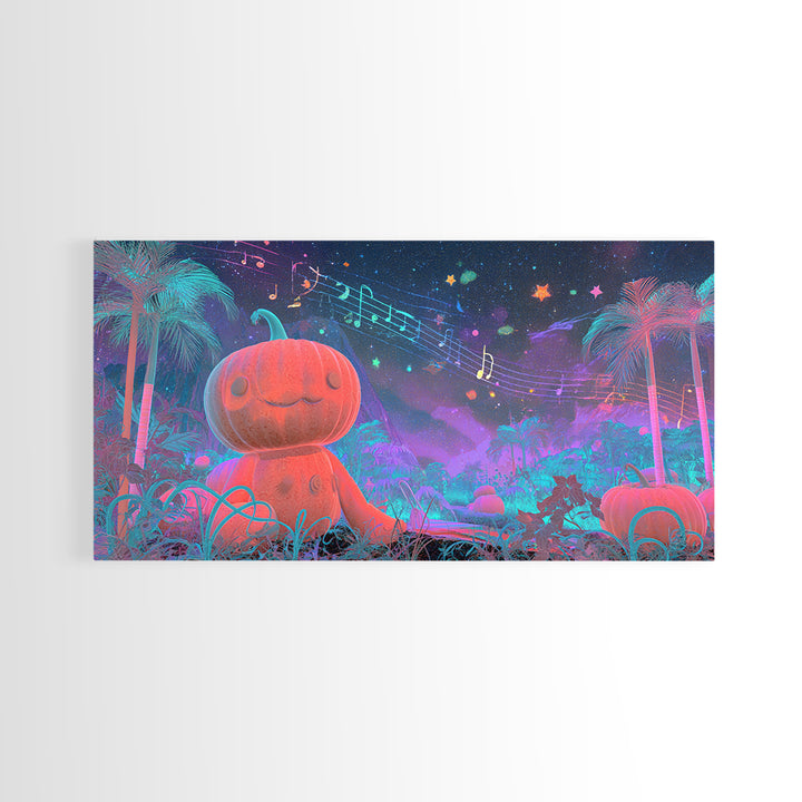 The Singing Pumpkin Patch, Vaporwave Halloween Decor, Wide Panoramic Art, Framed Canvas Print, Retro Halloween Decor, Neon Wall Art