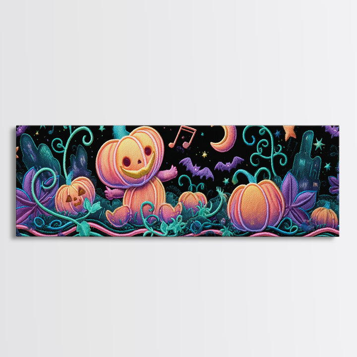 The Singing Pumpkin Patch, Retro Neon Halloween Art, Extra Wide Wall Art, Canvas Print, Retro Halloween Decor, Neon Wall Art