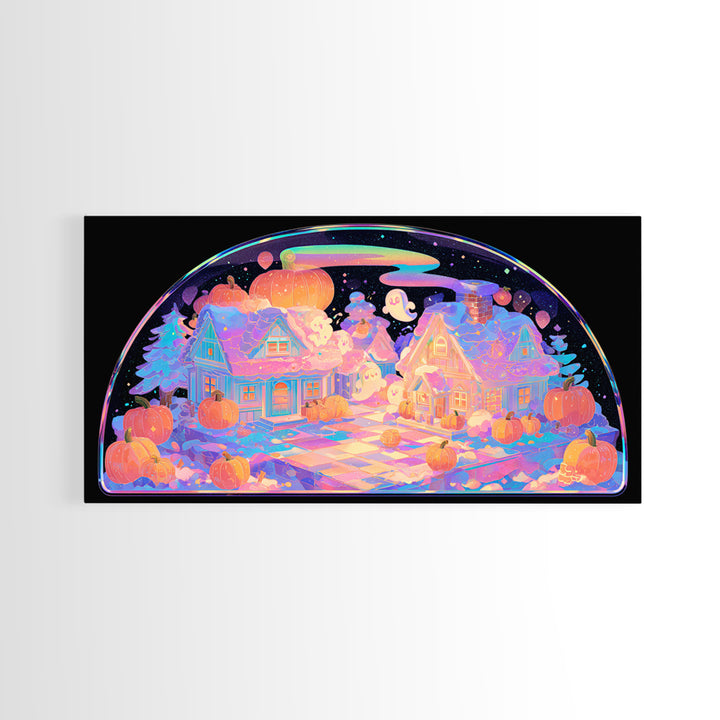 Halloween Inside A Snow Globe, 80s Halloween Wall Art, Wide Panoramic Art, Canvas Print, Retro Halloween Decor, Neon Wall Art