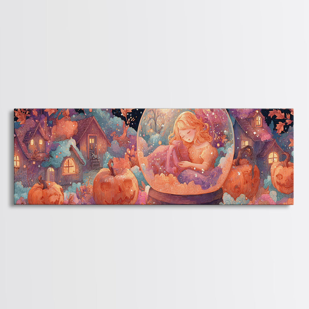 Halloween Inside A Snow Globe, 80s Halloween Wall Art, Extra Wide Wall Art, Canvas Print, Retro Halloween Decor, Neon Wall Art