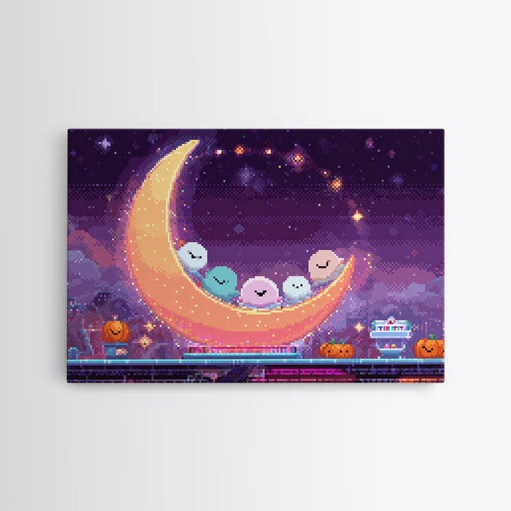 The Tiny Moon Carnival, Vaporwave Halloween Decor, Landscape Wall Art, Framed Canvas Print, Retro Halloween Decor, Neon Wall Art