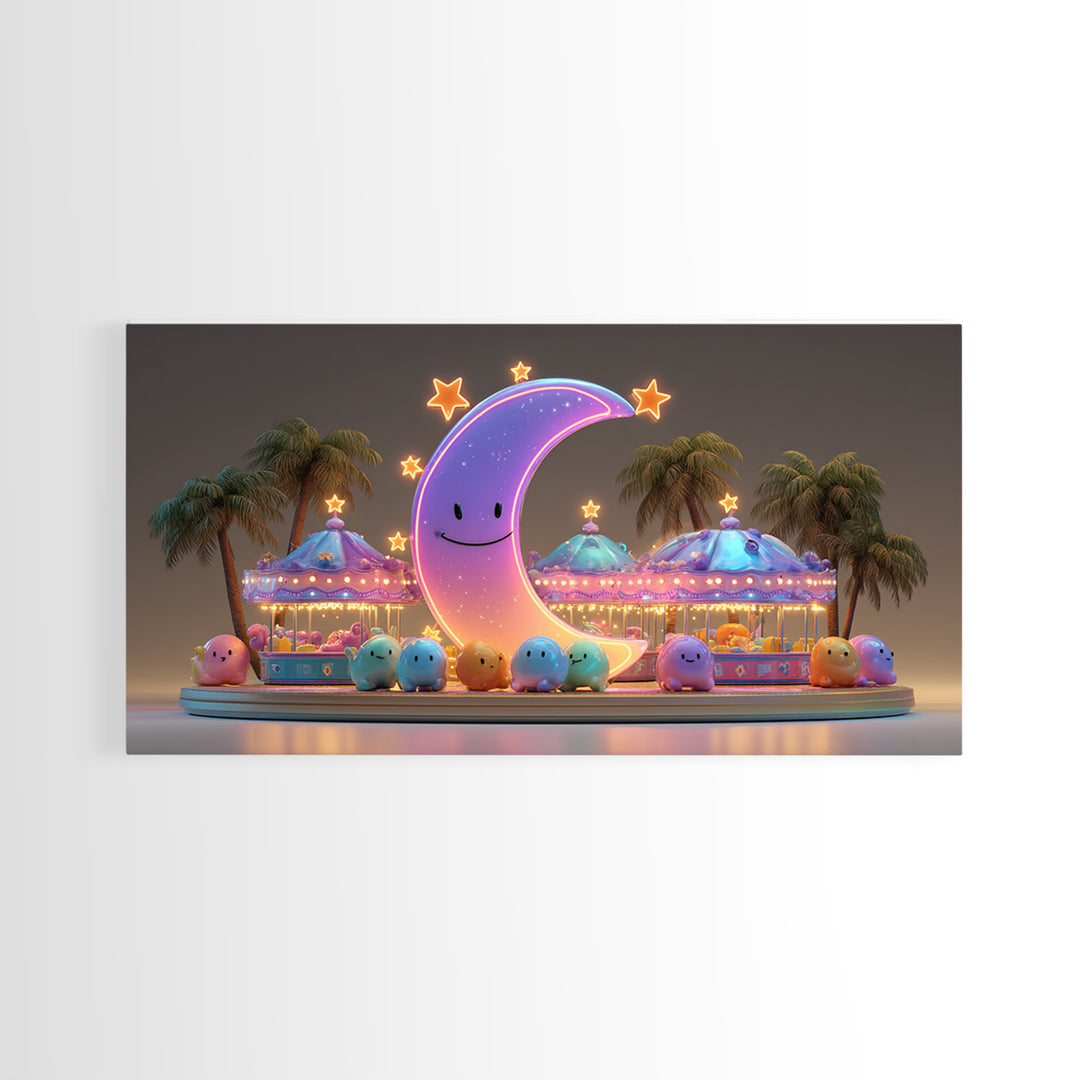 The Tiny Moon Carnival, Retro Neon Halloween Art, Wide Panoramic Art, Framed Canvas Print, Retro Halloween Decor, Neon Wall Art