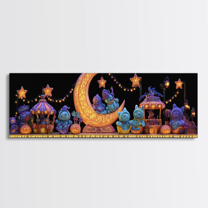 The Tiny Moon Carnival, 80s Halloween Wall Art, Extra Wide Wall Art, Framed Canvas Print, Retro Halloween Decor, Neon Wall Art